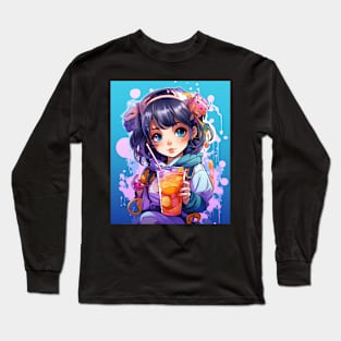 Kawaii Anime Girl Drinking Boba Long Sleeve T-Shirt